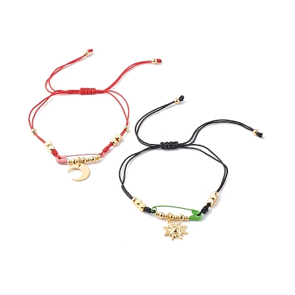 Adjustable Nylon Thread Braided Bead Bracelets Sets, with Brass Moon & Sun Pendants and Beads, with Iron Safety Pins