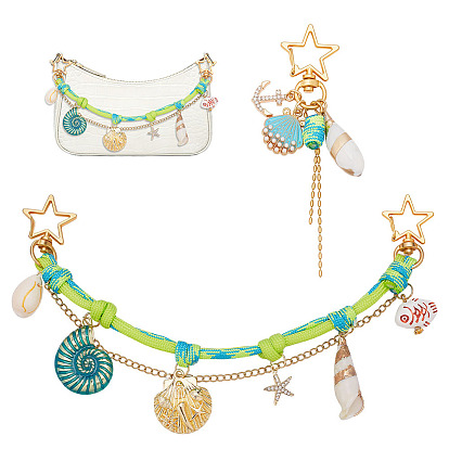 2Pcs Star & Shell Shape 304 Stainless Steel Bag Extender Chains & Pendant Decorations, with Handmade Porcelain and Shell and Brass Pendant and Alloy Swivel Clasps