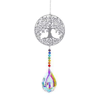 Metal Big Pendant Decorations, Hanging Sun Catchers, Chakra Theme K9 Crystal Glass, Flat Round with Tree of Life