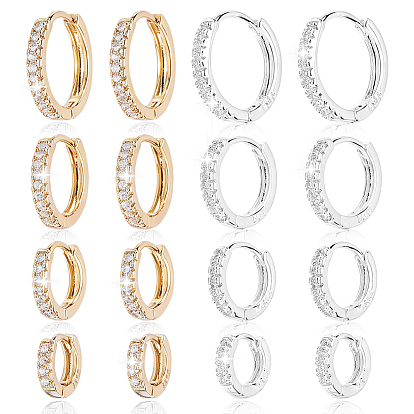 8 Pairs 8 Styles Brass Micro Pave Clear Cubic Zirconia Hoop Earrings, Ring