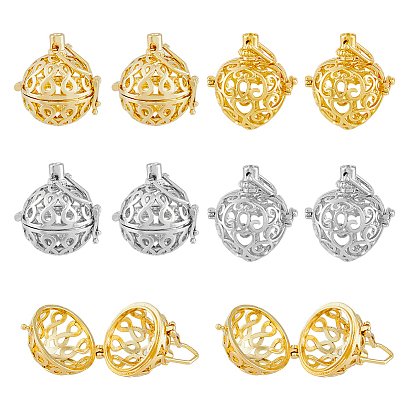 8pcs 4 styles pendentifs cage en laiton plaqué rack, pour faire des colliers à pendentif carillon, charme rond & coeur