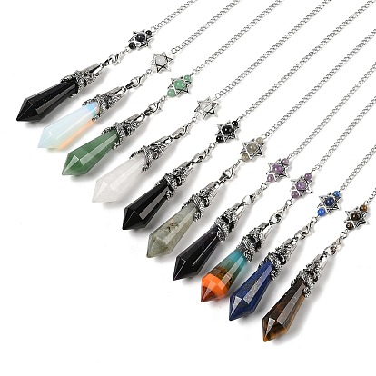 Маятник для биолокации с конусом из натурального и синтетического драгоценного камня, большие заостренные подвески, с латунной фурнитурой античного серебряного тона