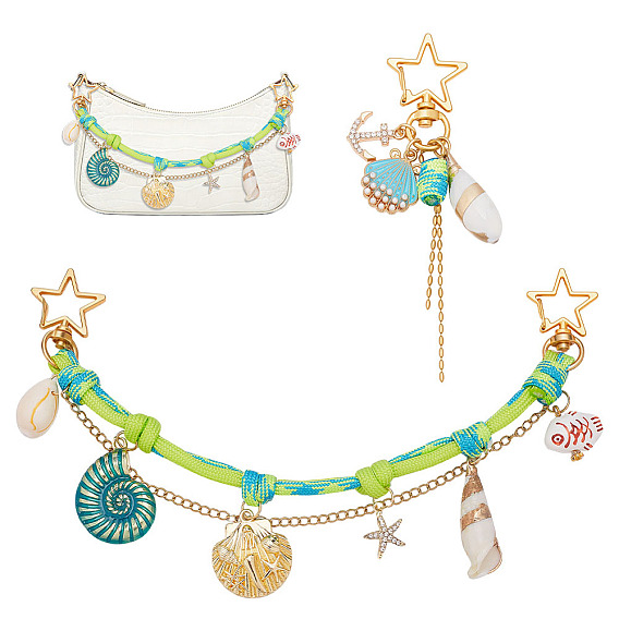 2Pcs Star & Shell Shape 304 Stainless Steel Bag Extender Chains & Pendant Decorations, with Handmade Porcelain and Shell and Brass Pendant and Alloy Swivel Clasps