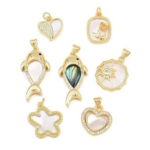 Brass Micro Pave Cubic Zirconia with Shell Pendants, Heart/Flower/Flat Round/Fish Charms