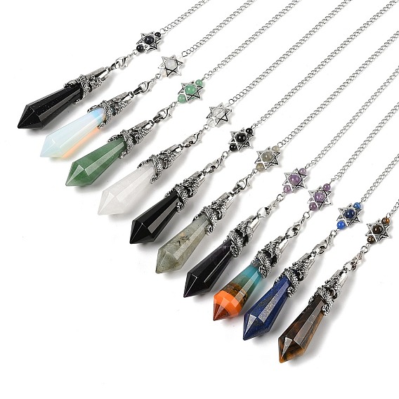 Маятник для биолокации с конусом из натурального и синтетического драгоценного камня, большие заостренные подвески, с латунной фурнитурой античного серебряного тона