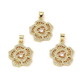 Rack Plating Real 18K Gold Plated Brass Pendants, with Cubic Zirconia, Long-Lasting Plated, Lead Free & Cadmium Free, Flower