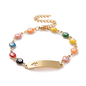Vacuum Plating 304 Stainless Steel Rectangle with Swallow Link Bracelet, Colorful Enamel Evil Eye Chains Bracelet for Women