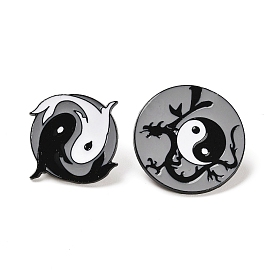 Black White Gray Yin-Yang Eight Trigrams Enamel Pins, Black Alloy Brooches for Backpack Clothes, Fish/Dragon