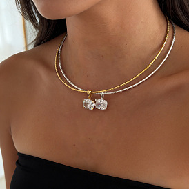 304 Halskette mit rechteckigem Anhänger aus Edelstahl mit klarem Zirkonia-Pavé und runder Schlangenkette für Damen