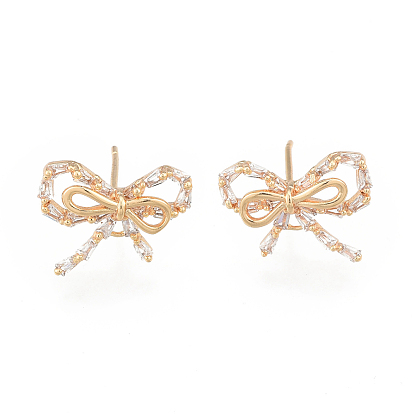 Clear Cubic Zirconia Bowknot Stud Earrings, Brass Jewelry for Women, Cadmium Free & Nickel Free & Lead Free