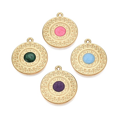 303 acier inoxydable émail pendentifs, charmes rondes plates, placage ionique (ip), réel 18 k plaqué or