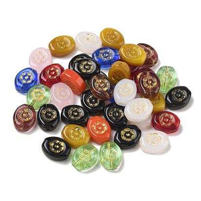 Baking Paint Mixed Styles Glass Beads, Golden Metal Enlaced, Oval with Flower