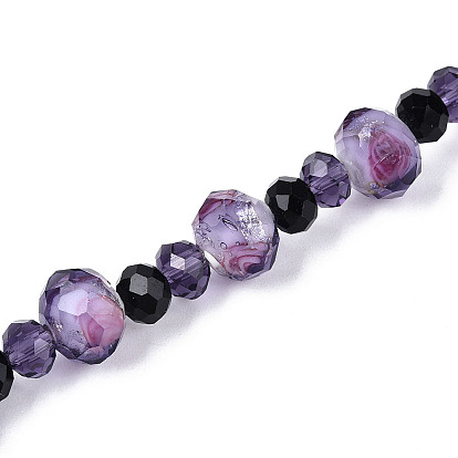 Стеклянные бусины, с фольгой внутри, ручная работа , Rondelle с цветочным узором, со стеклом, граненые