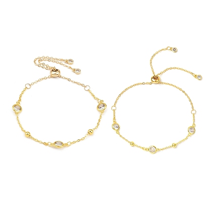 Латунные кабельные цепи слайдер браслеты, латунные плоские круглые звенья цепи браслеты для женщин с прозрачными кубическими цирконами