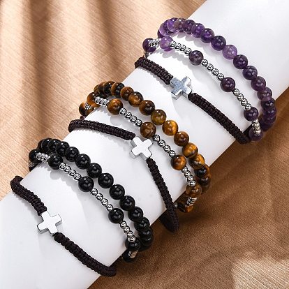 Регулируемые браслеты из плетеных бусин из натуральных драгоценных камней и гематита, с крестообразным сплавным шариком