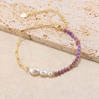 Natural Lepidolite & Pearl Beaded Bracelet, with 925 Sterling Silver Paperclip Chains, with S925 Stamp