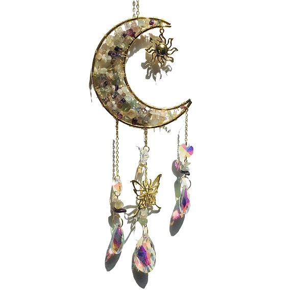 Atrapasueños colgante de cristal con forma de luna, estrella y mariposa, con chips de piedras preciosas