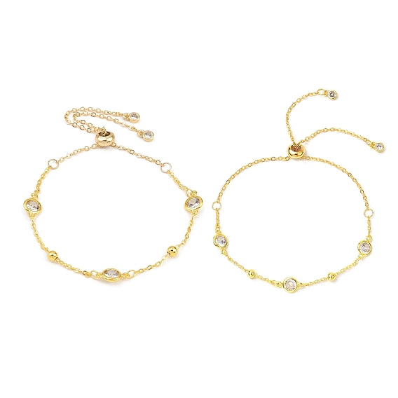 Латунные кабельные цепи слайдер браслеты, латунные плоские круглые звенья цепи браслеты для женщин с прозрачными кубическими цирконами