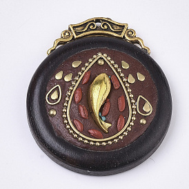 Handmade Indonesia Pendants, with Alloy Findings, Sandalwood and Resin, Antique Golden, Flat Round with Fish