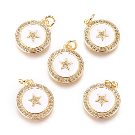 Brass Micro Pave Cubic Zirconia Pendants, with Enamel, Flat Round with Star, Clear & White