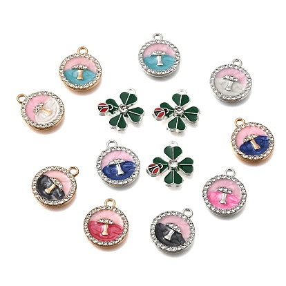 Rhinestone сплава эмали подвески, Плоская круглая фигурка с грибом/клевером и подвесками в виде божьих коровок.