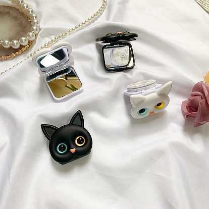 3D Cat Head Folding 2-Sided Makeup Mirror Phone Holder, Pupils Kitten Resin Cell Phone Holder, for Women & Girls