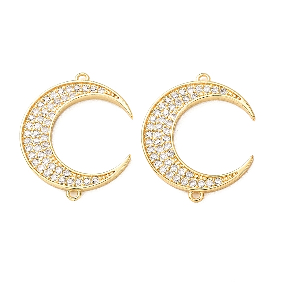 Brass Micro Pave Clear Cubic Zirconia Connector Charms, Moon Links, Rack Plating, Long-Lasting Plated, Cadmium Free & Lead Free