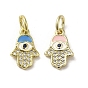 Brass Micro Pave Cubic Zirconia Charms, with Enamel, with Jump Ring, Real 18K Gold Plated, Hamsa Hand/Hand of Miriam with Evil Eye