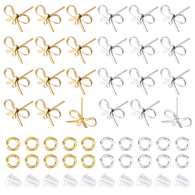Brass Stud Earring Findings, with Open Jump Rings, Bowknot, Nickel Free