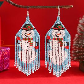 Tassel Dangle Earrings, with Snowman Design for Christmas, Glass Beads Handmade Jewelry, Platinum