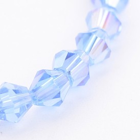 Glass Beads Strands, Bicone, Light Blue, AB Color Plated