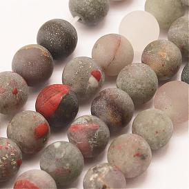Natural African Bloodstone Beads Strands, Heliotrope Stone Beads, Round, Frosted