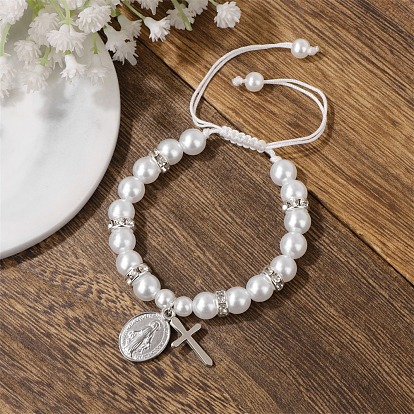 Регулируемые пластиковые браслеты из плетеных бусин с имитацией жемчуга и кубического циркония, Браслеты с подвесками в виде Девы Марии и креста для женщин