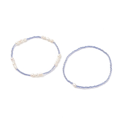 2pcs 2 conjunto de pulseras elásticas con cuentas de semillas de vidrio y perlas naturales, pulseras apilables para mujer