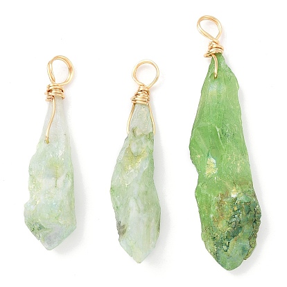 Electroplated Raw Rough Natural Quartz Crystal Copper Wire Wrapped Pendants, Green Plated Teardrop Charms