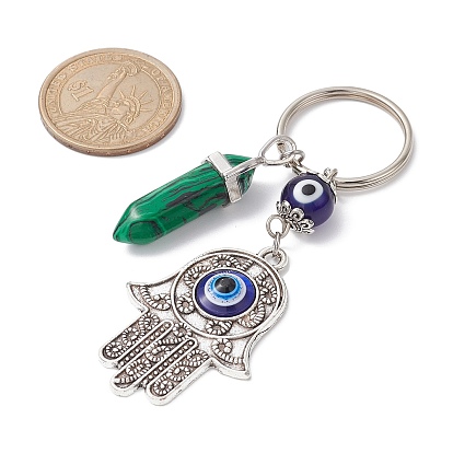 Hamsa Hand with Evil Eye Alloy Enamel Pendant Keychain with Synthetic Mixed Gemstone Bullet, Iron Keychain Ring