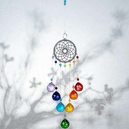 Crystals Chandelier Suncatchers Prisms Chakra Hanging Pendant, with Iron Cable Chains & Links, Glass Beads and Rhinestone, Flower