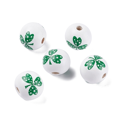 Saint Patrick's Day Theme Spray Painted Natural Wood Beads, with Clover Pattern