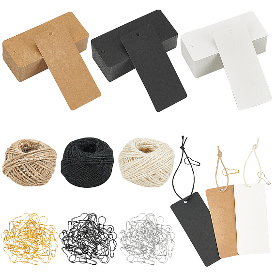 180шт 3 цвета прямоугольник бумага пустые ценники, с фурнитурой для броши из железа 3 цветов и джутовым шнуром 3 цветов