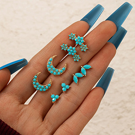 Bohemian Blue Moon and Flower Ear Studs Set - 4 Pieces