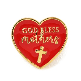 Christian Mother's Day God Bless Mothers Enamel Pins, Heart with Cross Alloy Brooches for Backpack Clothes, Golden