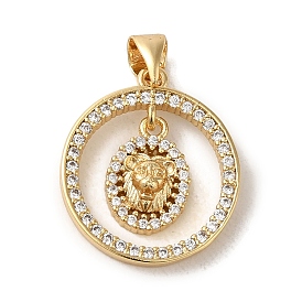 Brass Micro Pave Clear Cubic Zirconia Pendants, Ring with Lion Charms