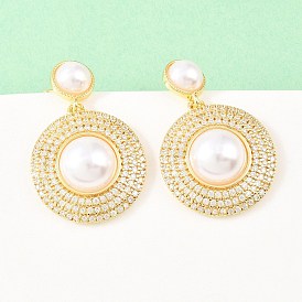 Латунь микро проложить кубический цирконий болтаться серьги стержня, с ABS имитации жемчуга, плоско-круглые, долговечный, стойки покрытие, без свинца и без кадмия