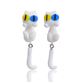 Cute White Cat Soft Clay Earrings Animal Simulation Ear Studs Dual-Color Eyes Handmade