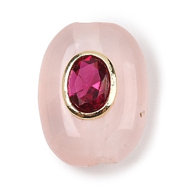 Natural Rose Quartz Beads, with Brass Micro Pave Cubic Zirconia, Flat Oval, Rack Plating, Long-Lasting Plated, Lead Free & Cadmium Free, Real 18K Gold Plated