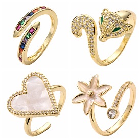 Fox Flower Open Ring with Zirconia Stones, Minimalist Heart-shaped Love Finger Accessory for Women