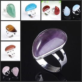 Teardrop Natural & Synthetic Gemstone Adjustable Rings, Platinum Tone Metal Finger Rings for Unisex