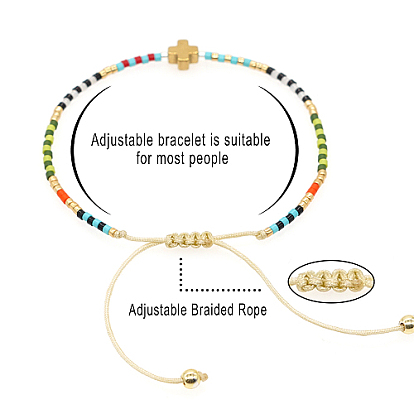 Cross & Glass Seed Braided Bead Bracelet, Adjustable Bracelet