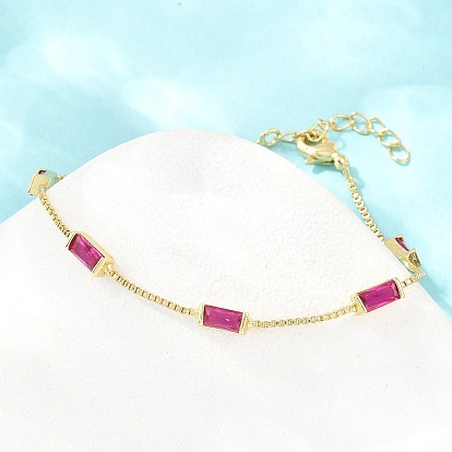Brass Pave Rectangle Cubic Zirconia Link Chain Bracelets, with Box Chains, Rack Plating, Long-Lasting Plated, Real 18K Gold Plated, Lead Free & Cadmium Free