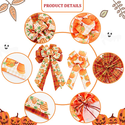 CHGCRAFT 4Pcs 2 Style Pumpkin Pattern Ployester Bowknot Display Decoration, with Tie, for Thanksgiving Day
